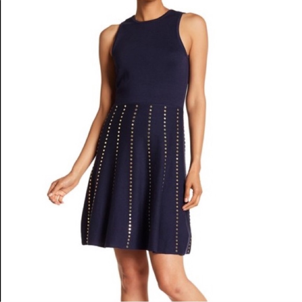 Michael Kors Navy Fit & Flare Dress Gold Studs L